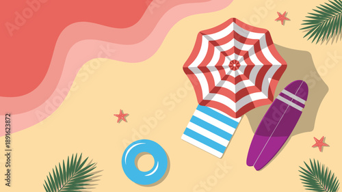Overhead summer beach scene, striped umbrella, purple surfboard, inflatable ring, tropical palm leaves