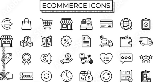 Ecommerce Line Icon Set – Online Shopping, Payment, Discount and Delivery Vector