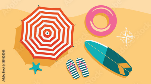 Overhead view summer beach vacation accessories illustration including umbrella, surfboard, flip flops, and swim ring on sand