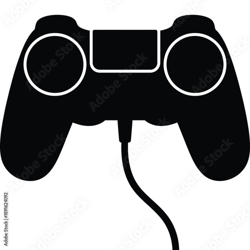 A black silhouette of a modern video game controller with a cable