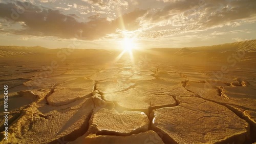 A stunning display of a cracked dry landscape under the vibrant sunset, symbolizing climate change and drought.