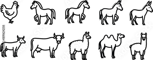Variety of farm animals in simple line drawings