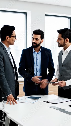 Three Businessmen Collaborating Around a Table With Documents and Tablet in Modern Office