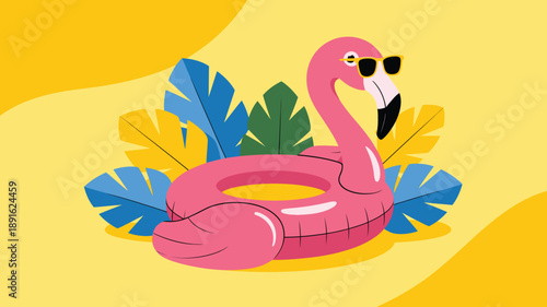 Pink flamingo swim float, stylish sunglasses, tropical foliage, vibrant summer vacation graphic