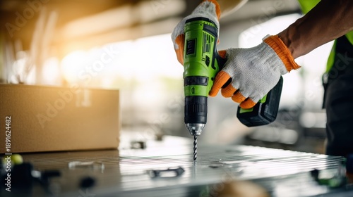 Wallpaper Mural The Cordless Drill in Worker's Gloved Hands Drilling Metal Sheet on Job Site Torontodigital.ca