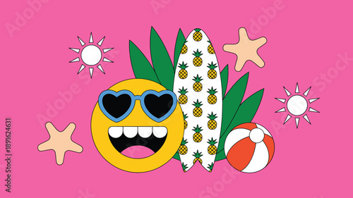 Playful happy emoji beach vacation illustration heart sunglasses surfboard pineapple summer fun character pink
