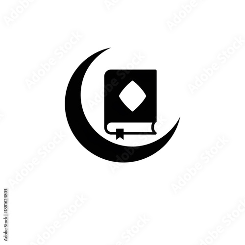 Islamic Quran and Crescent Moon Icon - Ramadan Kareem Spiritual Holy Book and Lunar Symbol Vector Art 