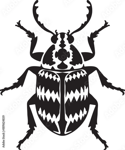 Black and white symmetrical illustration of a stylized beetle with detailed patterns on its back, set against a plain white background.