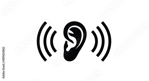 Minimalist black ear symbol with sound wave lines illustrating auditory perception and communication concepts