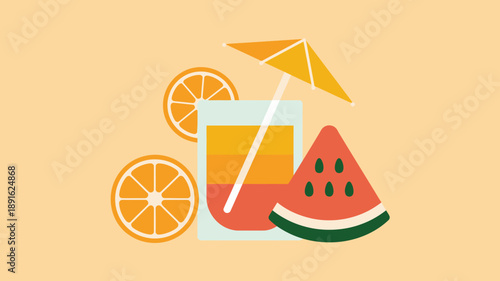 Refreshing summer drink with orange slices watermelon and umbrella tropical beverage