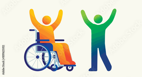 Joyful disabled and able-bodied individuals celebrating together with arms raised in vibrant vector illustration style