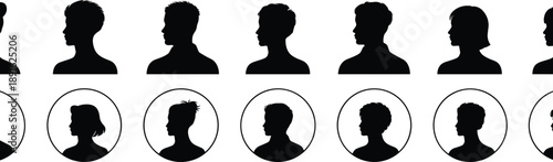 Collection of diverse black silhouette profile avatars in profile view on white Keywords: avatar, silhouette, profile, people