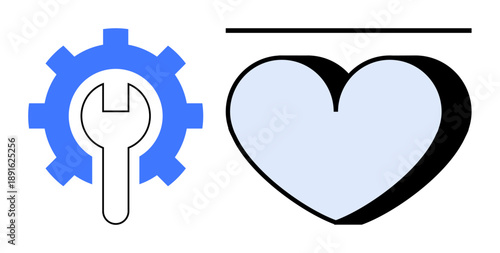 Maintenance, technical support, service quality, relationship management, care, reliability. A gear with a wrench and a blue heart under a baseline. Maintenance and care highlighted