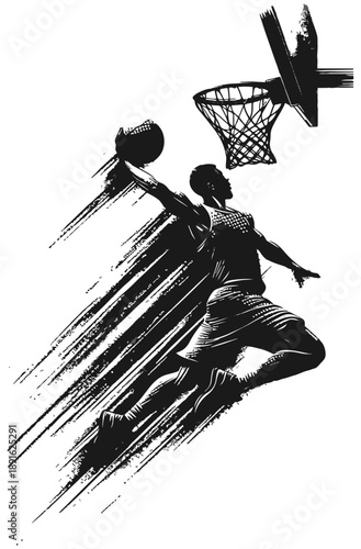 A striking black and white illustration of a basketball player in mid-air, performing a powerful dunk toward the hoop. The artwork emphasizes motion, intensity, and athletic prowess.