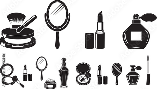Beauty cosmetic icon set in black silhouette style, powder compact with brush, lipstick, mirror, perfume, flat minimal vector symbols, isolated on white background, stock illustration set.eps