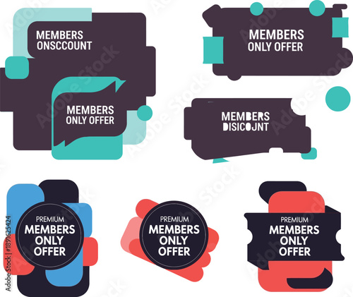 Set of vector graphic elements with labels and banners promoting exclusive offers and discounts for members