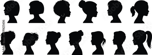 Collection of diverse female head and shoulder silhouettes with various hairstyles woman profile