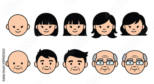 Diverse set of flat design human face avatars showing different ages and emotions in vector illustration style