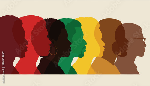 Diverse Silhouettes of Black People in Profile Representing Unity and Heritage with Pan African Colors