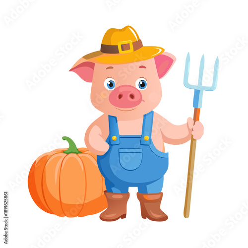 A pink pig wearing denim overalls and a straw hat, holding a large pitchfork and standing next to a giant pumpkin.