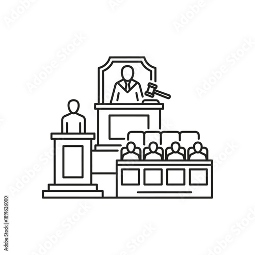 Courtroom scene icon with judge, lawyer, and jury, depicting a legal trial and judicial process.