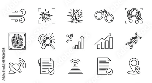 Set of minimalist vector icons illustrating sound, security, data charts, wireless signals, and document verification symbols