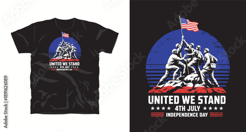 United we stand independence day illustration featuring american soldiers raising flag on sunset background