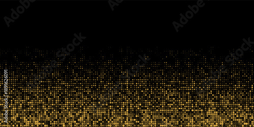 Abstract luxury banner with golden glittering dots on black background. Sparkling glitter bottom border, vector frame. Halftone effect. Magical gold dust. Pop art style backdrop.