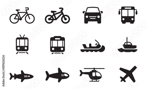 Transportation icon collection featuring bicycle car bus train boat helicopter and plane silhouette symbols
