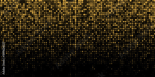 Abstract luxury banner with golden glittering dots on black background. Sparkling glitter bottom border, vector frame. Halftone effect. Magical gold dust. Pop art style backdrop.