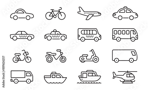 Outline transportation icons set with car bicycle plane taxi bus motorcycle scooter delivery truck and boat
