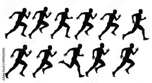 Dynamic sequence of black human silhouettes running and sprinting in motion across a clean white space for fitness and speed concepts