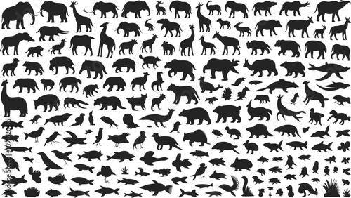 Diverse Collection of Animal Silhouettes in Various Poses and Species Keywords: elephant, giraffe, lion, tiger, bear, rhinoceros
