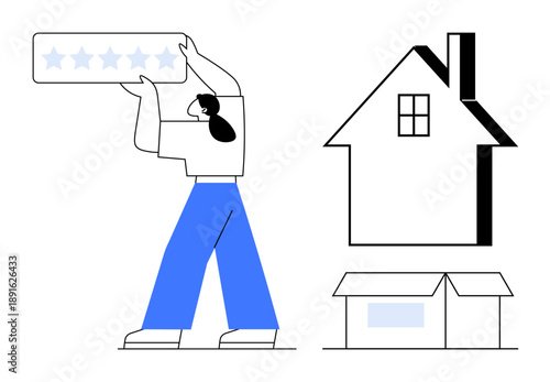 Customer reviews, real estate, online ratings, satisfaction, property services, home evaluation. Woman holding a star rating icon near house outlines. Customer reviews and real estate concept