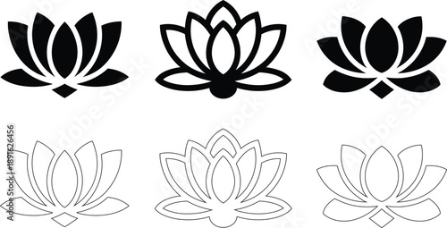 Collection of stylized lotus flower icons in black and white line art and solid fill representations
