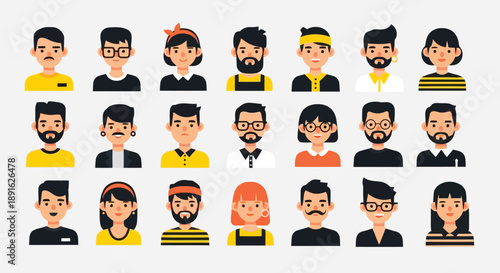 Collection of colorful flat design cartoon people avatars with different hairstyles, glasses, and outfits for team profiles and user interface