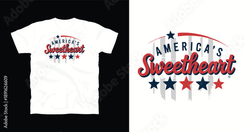 Americas sweetheart patriotic text design with stars and stripes on white shirt
