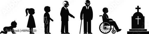 Black silhouette showing the human life cycle stages from baby to elderly person and a gravestone, cad drawing flat vector illustration isolated on white