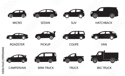 Car body types collection showing silhouettes of sedan suv truck hatchback and van with descriptive text labels
