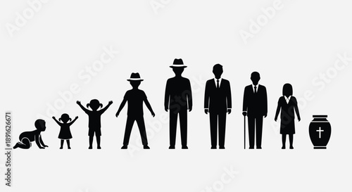 Silhouette illustration of human life cycle stages from infancy to old age with diverse roles and symbols