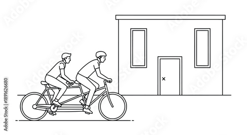 Illustration of two cyclists on a tandem bike passing a three-windowed urban building with one window crossed out