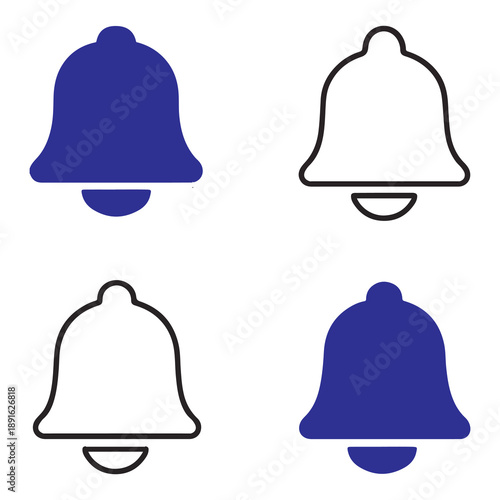 Isolated Bell Notification Solid Black Vector Icons, Message Alert Reminder UI