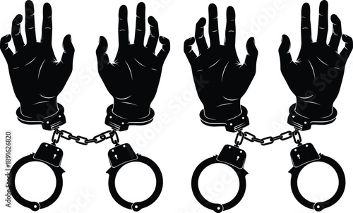 Black silhouettes of human hands in handcuffs set, criminal arrest and justice concept icons, cad drawing flat vector illustration, isolated on white