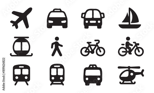 Compilation of transportation icons including airplanes trains bikes and people for travel concepts