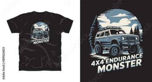 4x4 endurance monster off-road car t-shirt design, SUV in forest, adventure and extreme sport