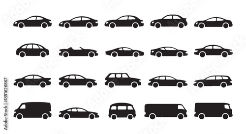 Diverse automotive icons in black and white representing different vehicle types and models side view