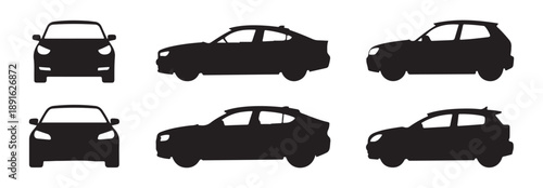 Front and side views of modern car silhouettes demonstrating diverse automotive styles and designs