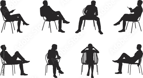 Diverse Silhouettes of People Sitting on Chairs in Various Poses vector illustration