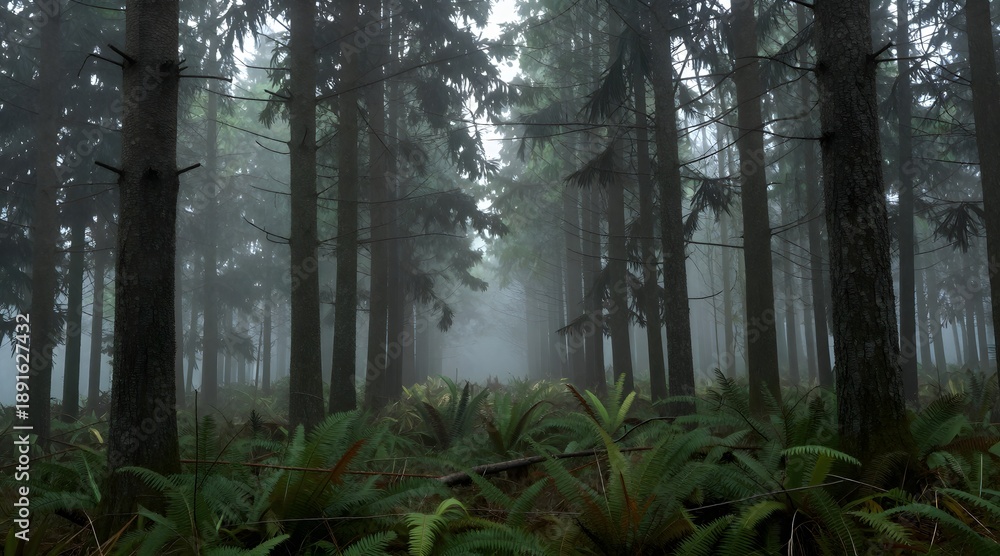 Fototapeta premium Misty forest landscape with ferns growing on the ground during a foggy day