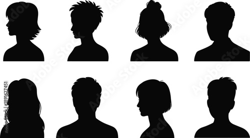 Eight Black Silhouette Head and Shoulder Profiles of Men and Women people male